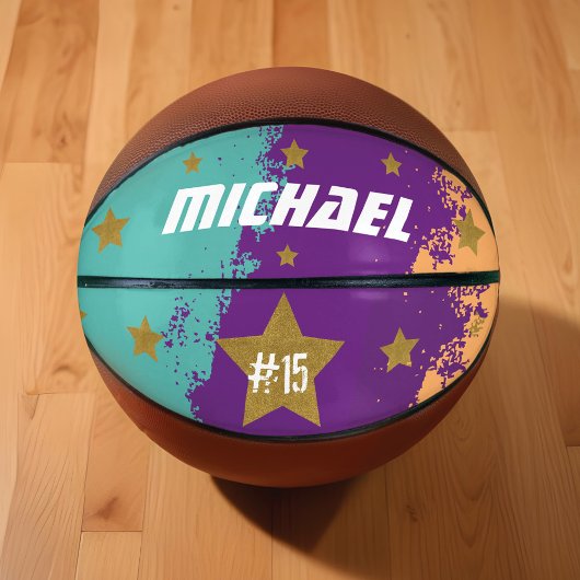 Sporty Custom Player Name & Number Gold Stars Basketball