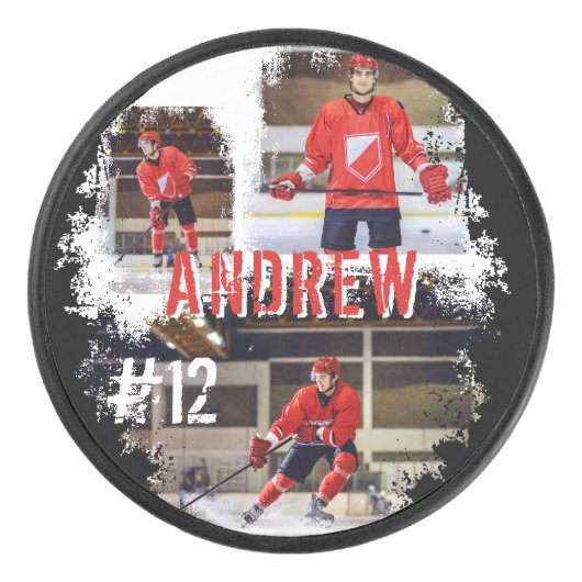 Sporty Custom Player Name & Nummer 3 Foto Collage Eishockey Puck (Vorderseite)