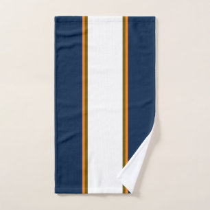 Sporty Deep Navy Blue Orange White Racing Streifen Badhandtuch Set