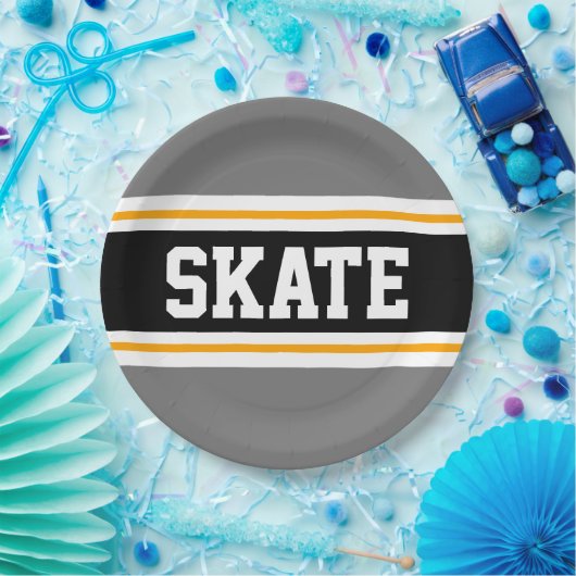 Sporty Fun Gray Black Yellow SKATE Racing Streifen Pappteller (Party)