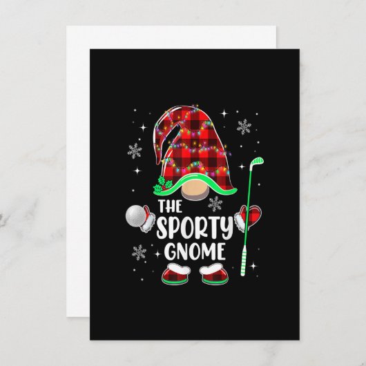 Sporty Gnome Golf Buffalo Karierte Weihnachtsbeleu Einladung (Vorne/Hinten)