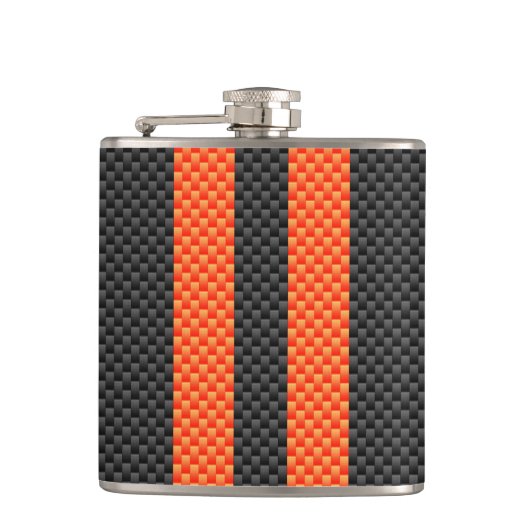 Sporty Orange Stripes on Carbon Fiber Like Print Flachmann (Vorderseite)