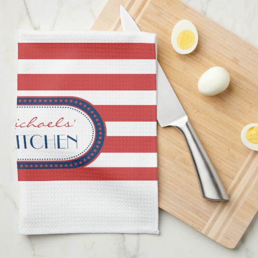 Sporty Red White Blue Stripes Monogramm Geschirrtuch (Viertel Falte)