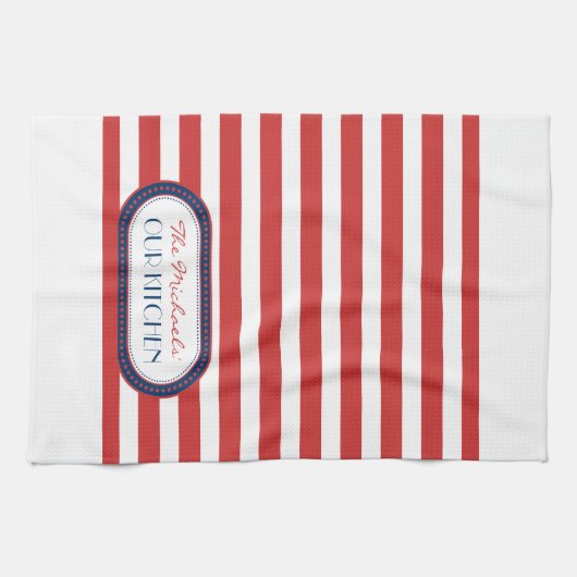 Sporty Red White Blue Stripes Monogramm Geschirrtuch (Horizontal)
