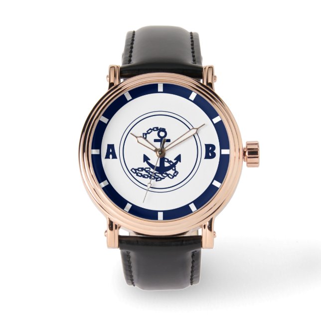 Sporty Sailor Style, individueller Initial-, Nauti Armbanduhr (Vorderseite)