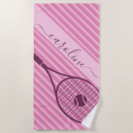 Sporty Striped Pink Tennis Racket Ball Mädchenname Strandtuch