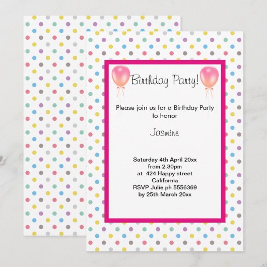 Spot Pastel Balloon Pink BIRTHDAY PARTY EINLADUNG (Vorne/Hinten)