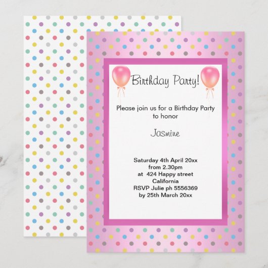 Spot Pastel Balloon Pink BIRTHDAY PARTY EINLADUNG (Vorne/Hinten)
