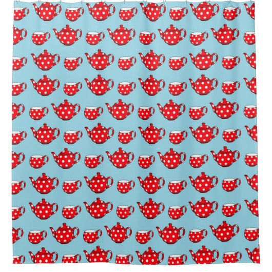 Spotty Red Teapot and Cups Blue Pattern Duschvorhang (Vorderseite)