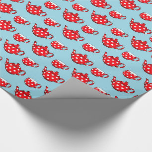 Spotty Red Teapot and Cups Blue Pattern Geschenkpapier
