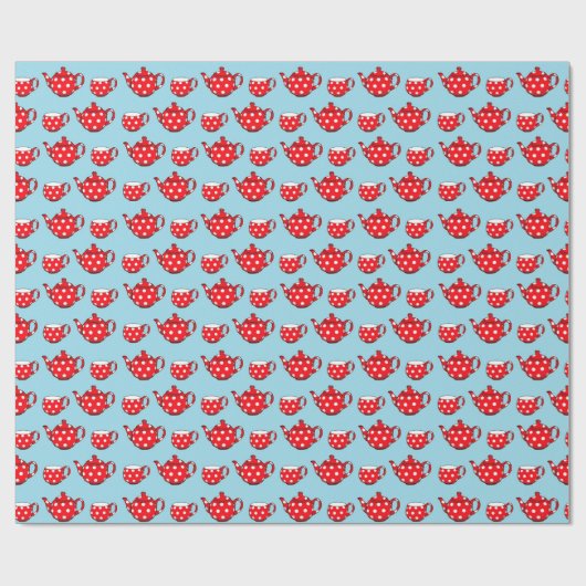 Spotty Red Teapot and Cups Blue Pattern Geschenkpapier (Flach)