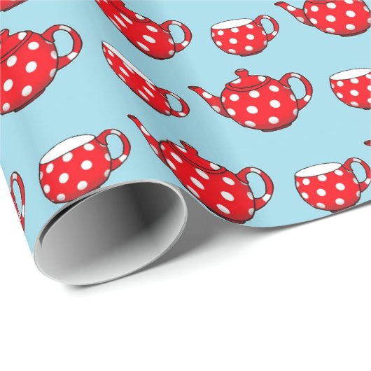Spotty Red Teapot and Cups Blue Pattern Geschenkpapier (Rolleneckpunkt)