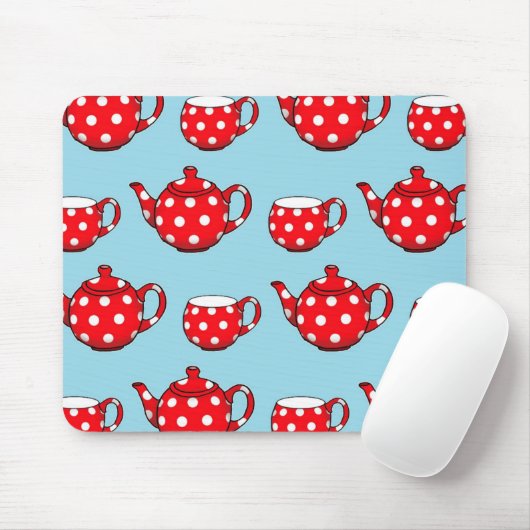 Spotty Red Teapot and Cups Blue Pattern Mousepad (Mit Mouse)