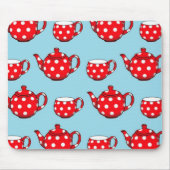 Spotty Red Teapot and Cups Blue Pattern Mousepad (Vorne)