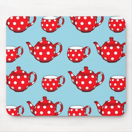 Spotty Red Teapot and Cups Blue Pattern Mousepad (Vorne)
