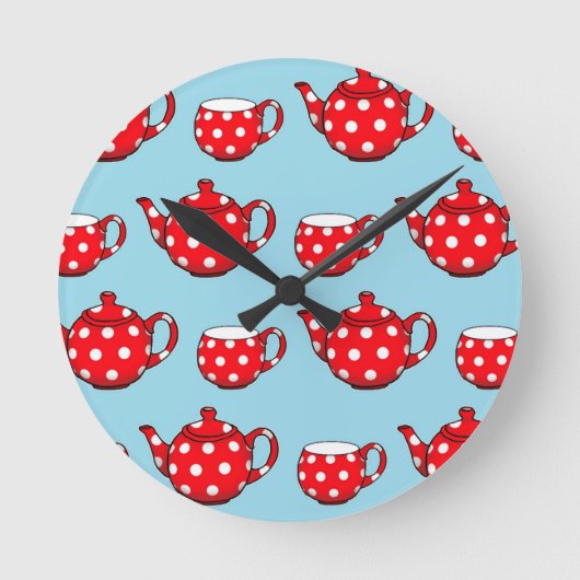 Spotty Red Teapot and Cups Blue Pattern Runde Wanduhr (Vorderseite)