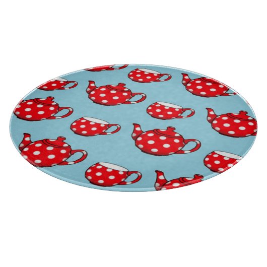 Spotty Red Teapot and Cups Blue Pattern Schneidebrett (Ecke)
