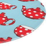Spotty Red Teapot and Cups Blue Pattern Schneidebrett (Ecke)
