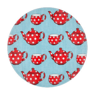 Spotty Red Teapot and Cups Blue Pattern Schneidebrett
