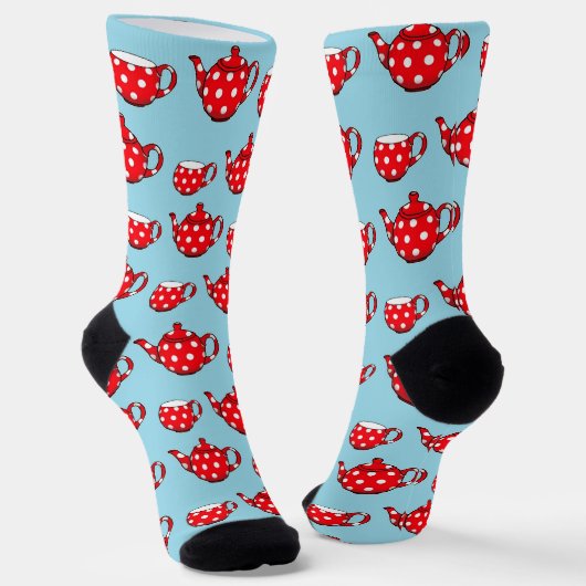 Spotty Red Teapot and Cups Blue Pattern Socken (Gewinkelt)