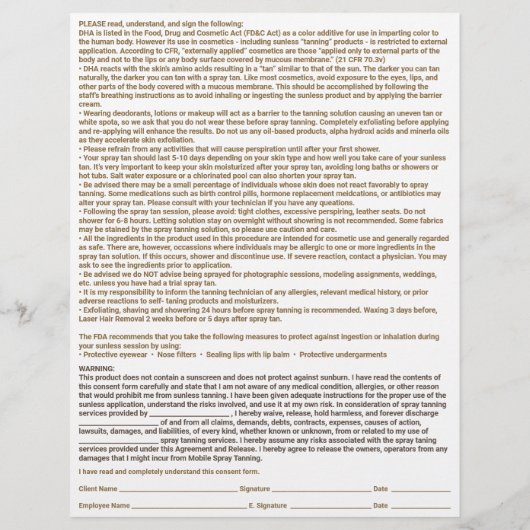 Spray Tan-Kunde gibt Einverständnis mit dem Waiver Flyer (Hinten)