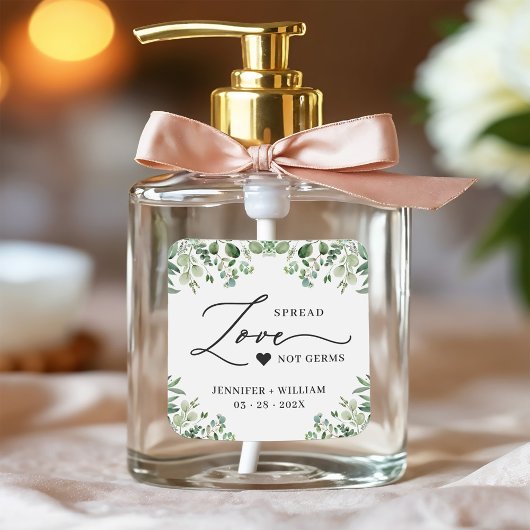 Spread Liebe Grüne Eukalyptus Wedding Sanitizer Quadratischer Aufkleber