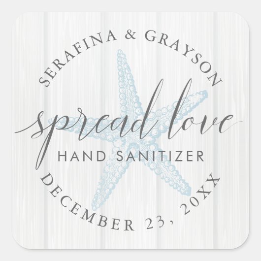Spread-Liebe Starfish Rustic Hand Sanitizer Gefall Quadratischer Aufkleber (Vorderseite)