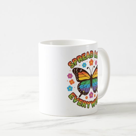 Spread Love Everywhere – Rainbow Butterfly Quote – Kaffeetasse (VorderseiteRechts)