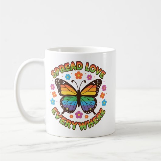 Spread Love Everywhere – Rainbow Butterfly Quote – Kaffeetasse (Links)