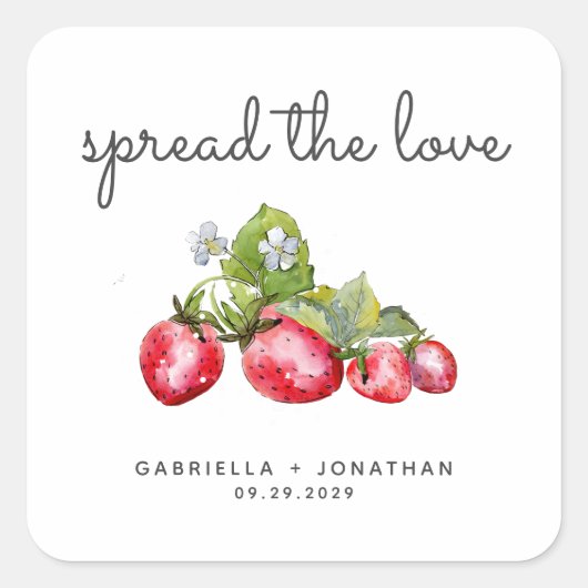 Spread The Love Strawberry Jam Wedding Favor Quadratischer Aufkleber (Vorderseite)