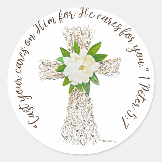 Sprich Jesus Cross mit Magnolia Runder Aufkleber (Vorderseite)