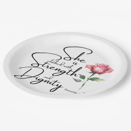 Sprichwörter 31:25 Sie ist bekleidet Bibelverse Bl Pappteller (Schrägansicht)