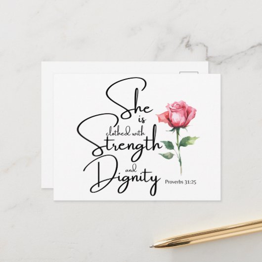 Sprichwörter 31:25 Sie ist bekleidet Bibelverse Bl Postkarte (Vorderseite/Rückseite Beispiel)