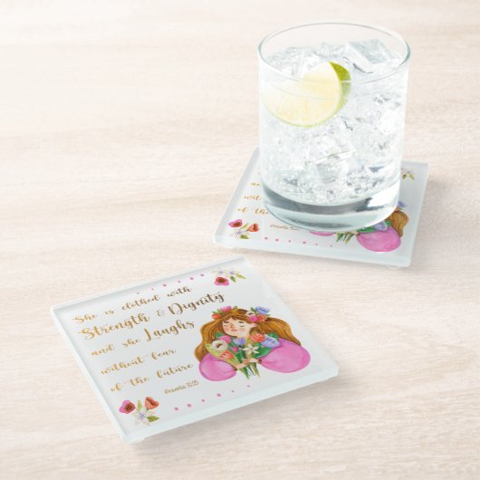 Sprichwörter 31:25 Sie ist mit Kraft bekleidet Glasuntersetzer (Schrägansicht)