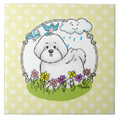 Spring Bichon Frise Hund mit Blume - Niedlich Fliese (Vorderseite)
