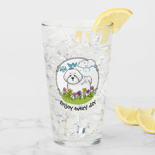 Spring Bichon Frise Hund mit Blume - Niedlich Glas (Rückseite Ice)
