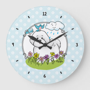 Spring Bichon Frise Hund mit Blume - Niedlich Große Wanduhr
