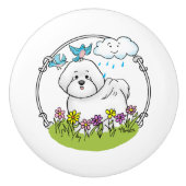 Spring Bichon Frise Hund mit Blume - Niedlich Keramikknauf (Vorderseite)