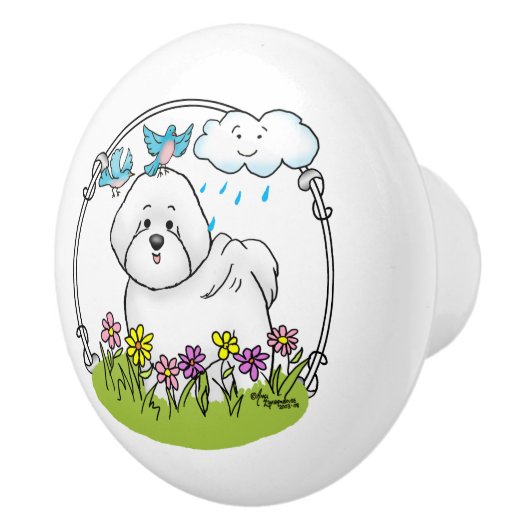 Spring Bichon Frise Hund mit Blume - Niedlich Keramikknauf (Rechts)