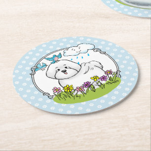 Spring Bichon Frise Hund mit Blume - Niedlich Runder Pappuntersetzer