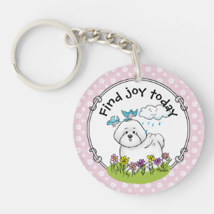 Spring Bichon Frise Hund mit Blume - Niedlich Schlüsselanhänger