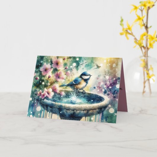 Spring Bird Bath Watercolor  Karte (Gelbe Blume)
