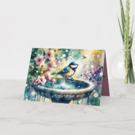 Spring Bird Bath Watercolor  Karte