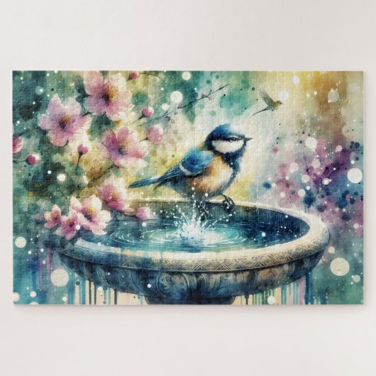Spring Bird Bath Watercolor Puzzle (Horizontal)