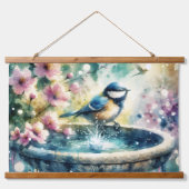 Spring Bird Bath Watercolor  Wandteppich Mit Holzrahmen (Vorne)
