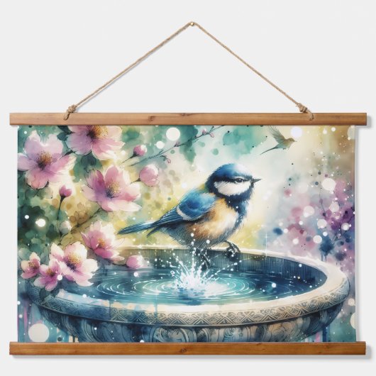 Spring Bird Bath Watercolor  Wandteppich Mit Holzrahmen (Vorne)