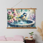 Spring Bird Bath Watercolor  Wandteppich Mit Holzrahmen (Schlafzimmer)