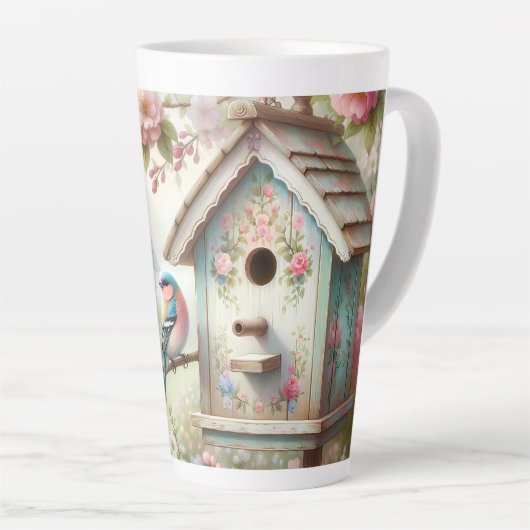 Spring Birdhouse With Pastel Flowers And Bird Milchtasse (Rechte Ecke)