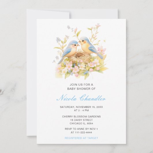 Spring Birds Baby Dusche Einladung (Vorderseite)