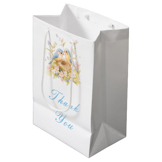 Spring Birds Baby Dusche Mittlere Geschenktüte (Vorderseite Schrägansicht)